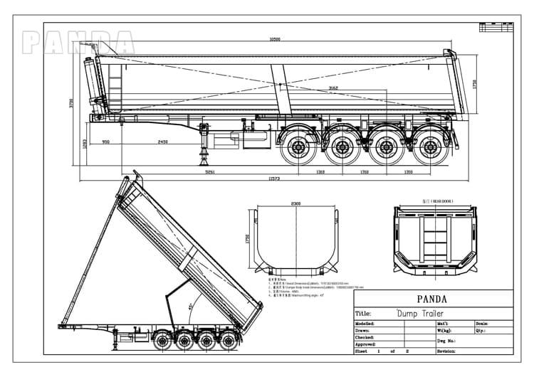 Dessin d'un camion à benne basculante à 4 essieux et d'une semi-remorque