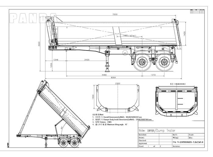 Dibujo de semirremolque basculante de 2 ejes